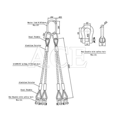 DNV 2.7-1 Standaard stalen draad touw Sling 5 benen Lifting oog type omgekeerde oog voor Offshore container verkoop