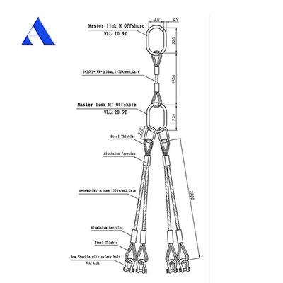 DNV 2.7-1 Standaard stalen draad touw Sling 5 benen Lifting oog type omgekeerde oog voor Offshore container verkoop